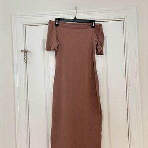 Off-Shoulder Ribbed Midi Dress in Tan